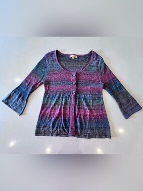 Notations Multicolor Striped Scoop-Neck Cardigan Snap 3 Button Flared Cuff Sz L